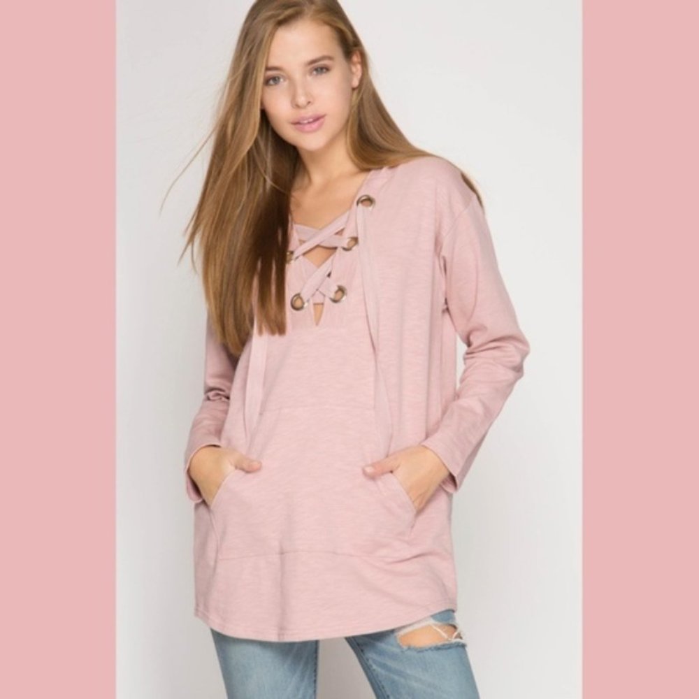 CLEARANCE! Lace Up V Neck Lightweight Hoodie - Picture 5 of 7